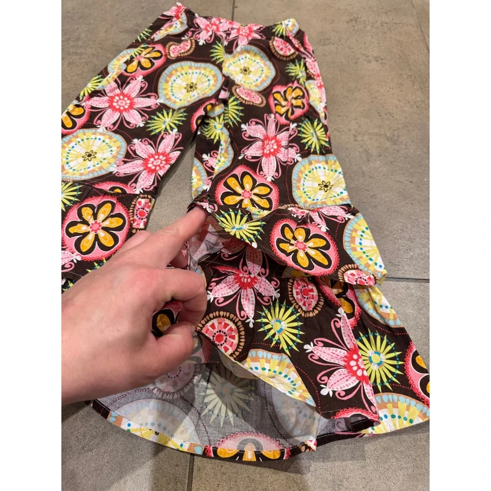 Chatti Patti Girls Brown Floral Retro Bell Bottom Ruffle Pants Size 6 Boho Flare